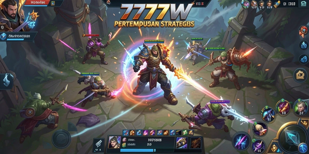 Tampilan pertempuran seru dalam gameplay 7777W dengan karakter beragam.