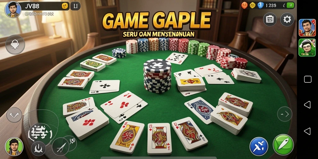 Screenshot gameplay JV88 dengan suasana permainan Gaple yang seru.