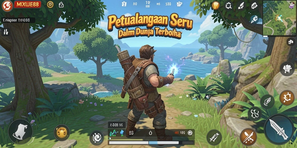 Screenshot gameplay <strong>MIXUE88</strong> yang menunjukkan petualangan di dunia terbuka.
