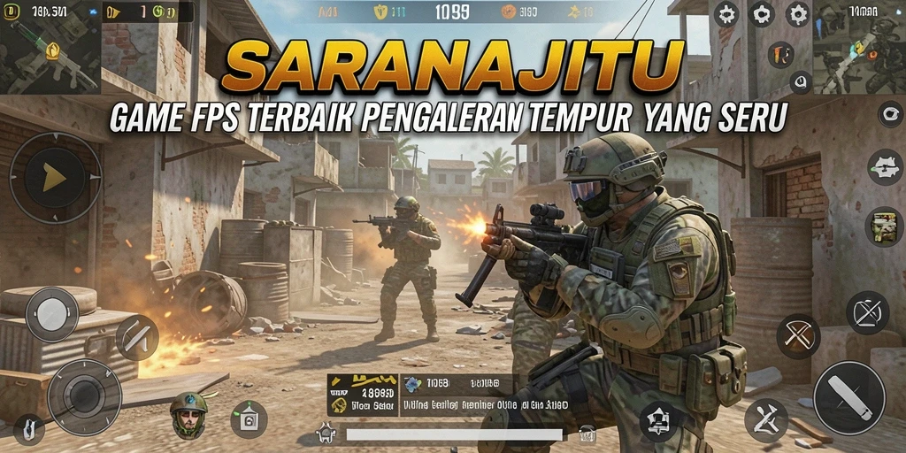 Screenshot utama SARANAJITU menampilkan aksi tembak-menembak yang mendebarkan.